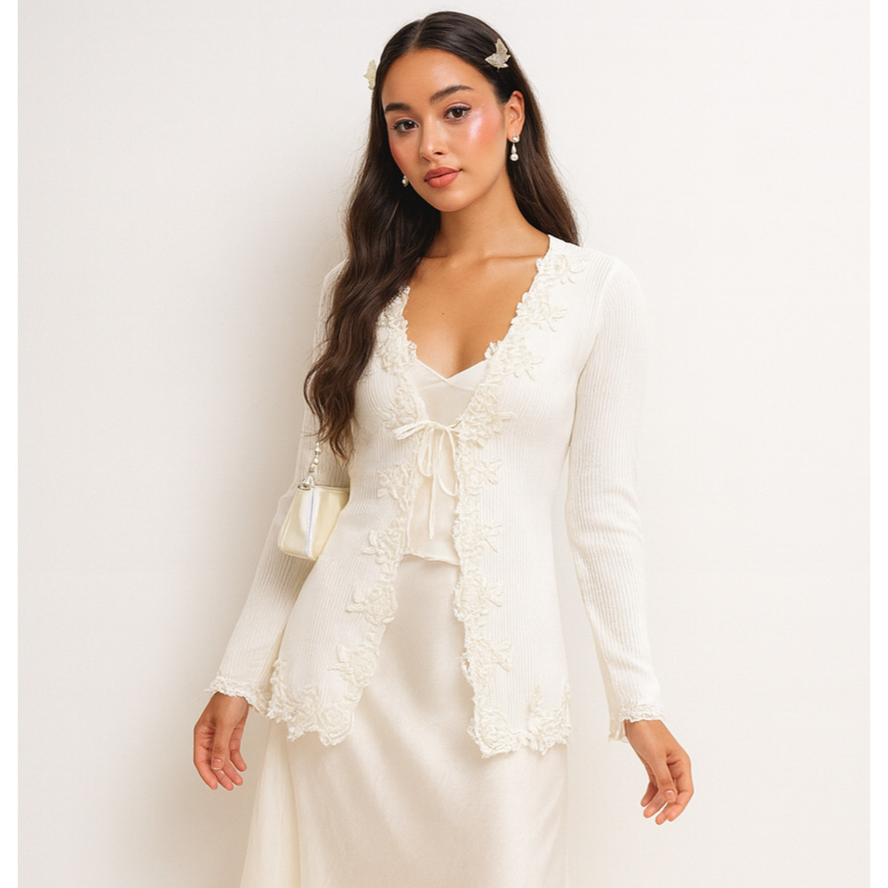 Milkmaid Y2K Vtg 90 Embroidered Flower Tie Cardigan Lace Victorian Romantic 14